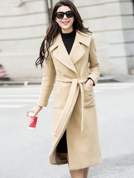 Milanoo Apricot Winter Coat Long Sleeve Notch Collar Slim Fit Women's Wool Wrap Coats