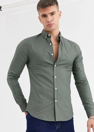 Приталенная оксфордская рубашка цвета хаки New Look-Зеленый цвет