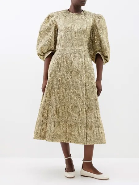 Платье миди с клоке металлизированного цвета с объемными рукавами Simone Rocha, золото