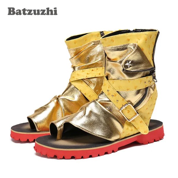 Сандалии мужские кожаные Batzuzhi Rock, золотистые, на молнии, лето сандалии Mujer в римском стиле
