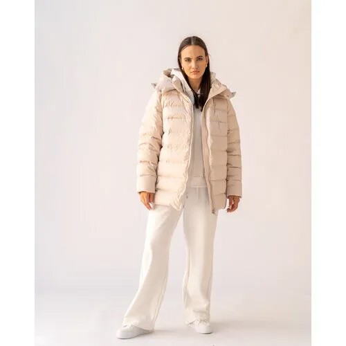 Куртка  Modress зимняя, средней длины, силуэт прямой, карманы, капюшон, размер 54, экрю