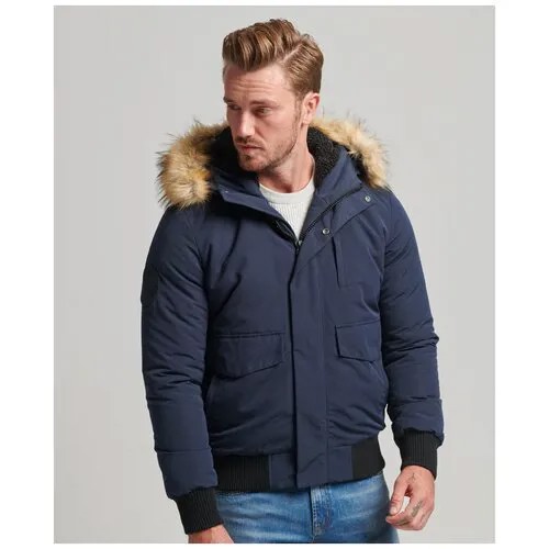 Бомбер Superdry, демисезон/зима, отделка мехом, карманы, подкладка, несъемный капюшон, утепленная, манжеты, внутренний карман, размер 2XL (56), синий
