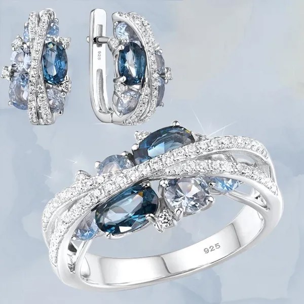 Изысканные модные ювелирные наборы для женщин мерцающий синий шпинель кубический цирконий муассанит серьги кольцо набор вечеринка свадебный набор ювелирных изделий подарок
