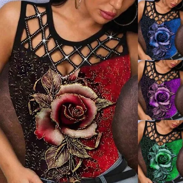 Европейская и американская летняя женская футболка без рукавов Top 3D Rose Sexy Hollow Vest