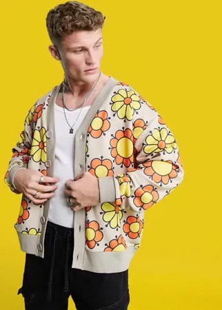 Бежевый трикотажный oversized-кардиган со сплошным цветочным принтом ASOS DESIGN-Розовый цвет