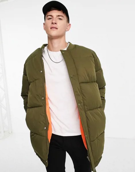 Удлиненный стеганый бомбер цвета хаки ASOS DESIGN-Зеленый цвет