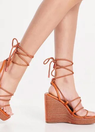 Терракотовые туфли на танкетке с квадратным носком и ремешками-шнурками ASOS DESIGN Trace-Оранжевый цвет