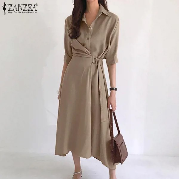 ZANZEA Корейская мода Рубашка Платье Женщины Повседневный V-образный вырез Короткий рукав Летнее длинное платье