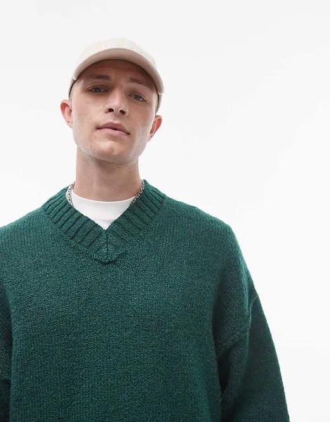 Зеленый свитер оверсайз Topman с V-образным вырезом и декоративной строчкой