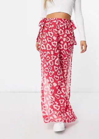 Розовые шифоновые брюки с леопардовым принтом и боковыми вырезами Candypants-Розовый цвет