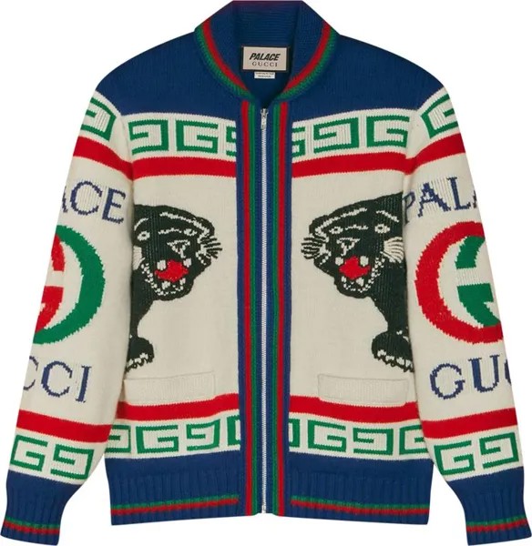 Бомбер Gucci x Palace Wool Jacquard Knit Bomber With Palace Gucci Logo 'Ivory/Light Blue/Multicolor', кремовый