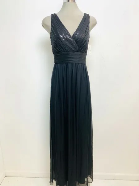 Calvin Klein NWT Элегантное черное платье с V-образным вырезом, отделкой из пайеток и шифона, 2 шт.