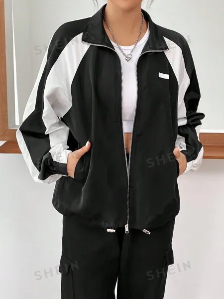 EZwear Куртка, цветовая гамма, рукава реглан, подол на кулиске, застежка-молния Shein, черно-белый