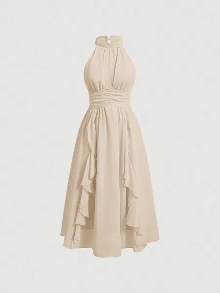 SHEIN MOD женское платье, однотонное, воротник-хомутик, рюши/рюши, абрикосовый цвет