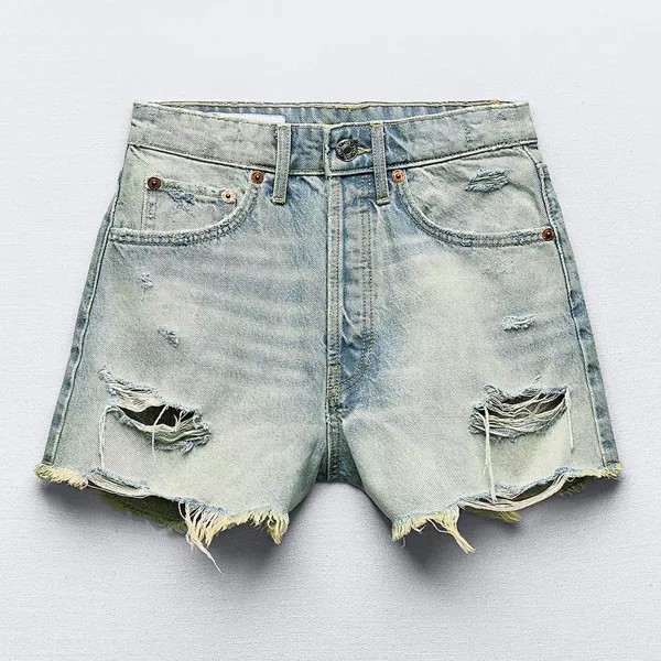 Шорты Zara TRF High-Waist Denim Ripped, синий