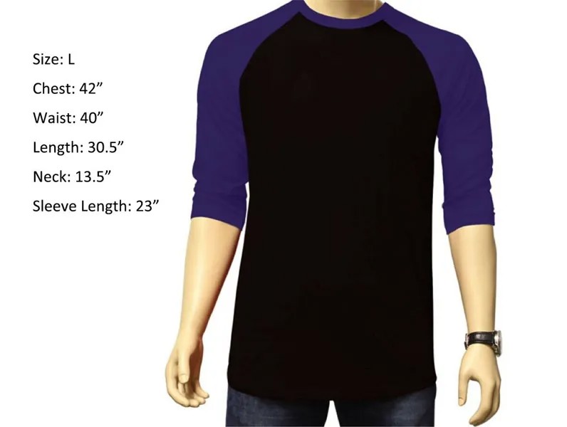 Обычная футболка с рукавом 3/4 Бейсбольный джерси реглан Спортивная мужская Черный Фиолетовый L