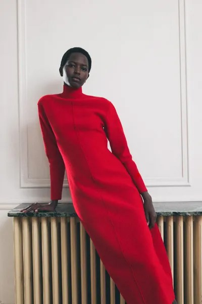 Платье миди из 100% шерсти ZARA, красный