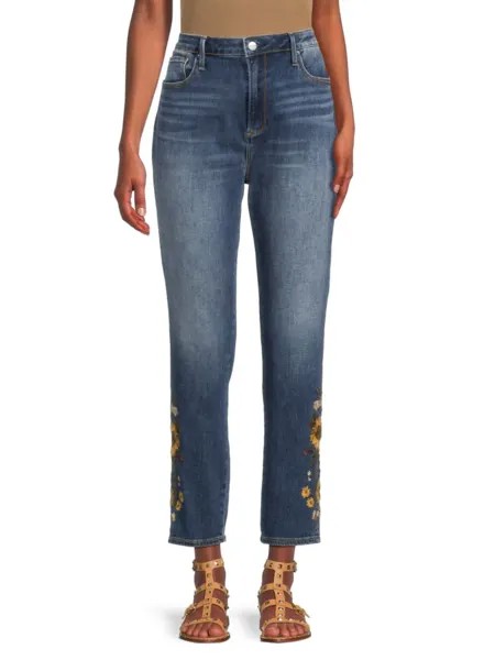 Укороченные джинсы Jackie с высокой посадкой и цветочной вышивкой Driftwood, цвет Medium Wash