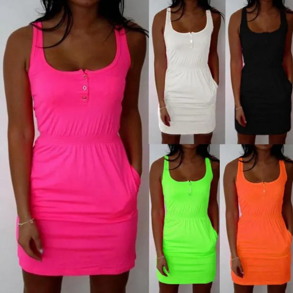 Женщины Летняя мода Пляж Флуоресценция Цельное мини-платье поверх юбки на бедрах S-5XL плюс 6 цветов