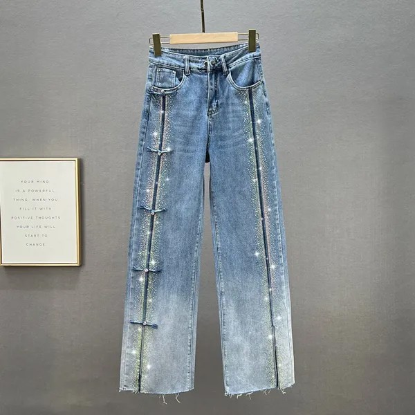 Женские джинсы с бисером, летние винтажные, 2022, высокая талия, прямые, широкие, длиной до щиколотки, с дырками, повседневная женская одежда, в...
