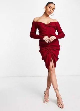 Трикотажное платье миди винного цвета со сборками Femme Luxe-Красный