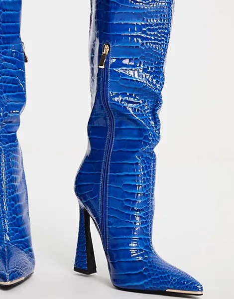 Кобальтово-синие ботинки под крокодила Simmi London Ravi на расклешенном каблуке