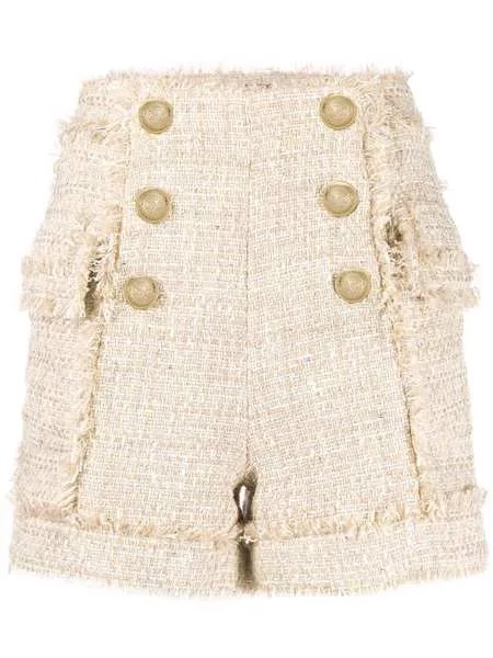 Balmain твидовые шорты с бахромой