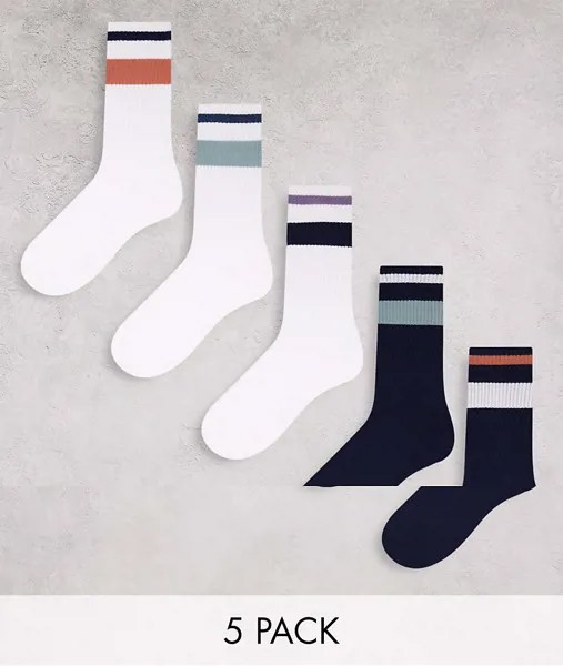 Набор из 5 пар спортивных носков темно-синего и белого цветов с полосками Jack & Jones-Белый