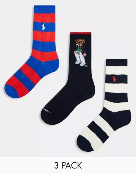 Красно-сине-кремовые носки с мишкой и полосками Polo Ralph Lauren, 3 пары