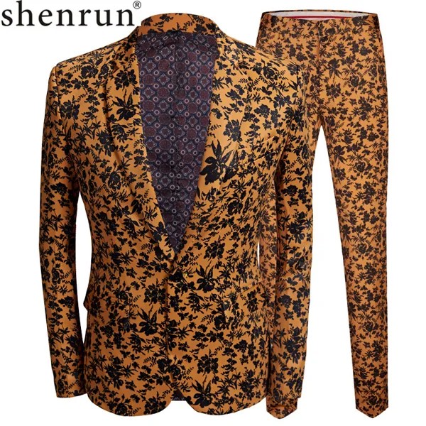 Shenrun модный Мужской приталенный костюм оранжевый черный цветочный принт Свадебный Мужской костюм пиджак сценический костюм певица Повседневный блейзер
