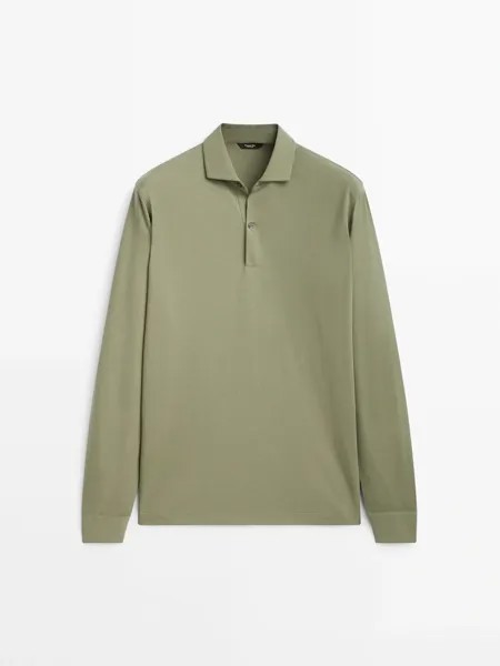 Рубашка-поло из микротекстурированного хлопка с длинными рукавами Massimo Dutti, зеленый