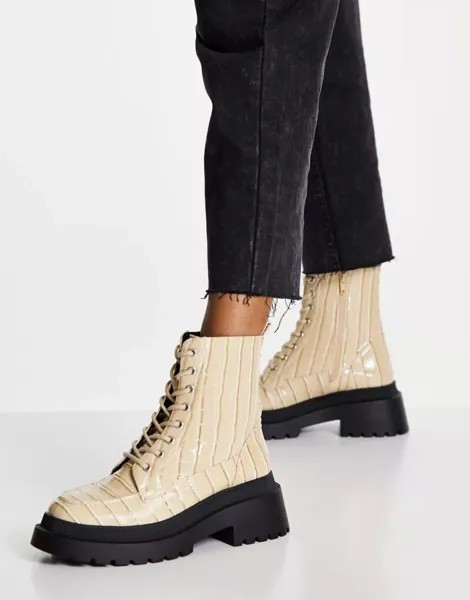 Белоснежные массивные ботинки на шнуровке из кожи крокодила Topshop Kara