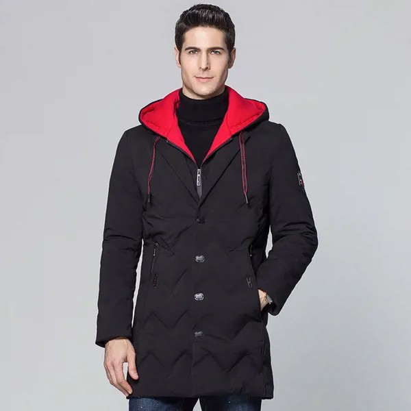 Куртка мужская зимняя Длинная с капюшоном, плотный теплый пуховик, черная парка, мужские куртки, KJ562