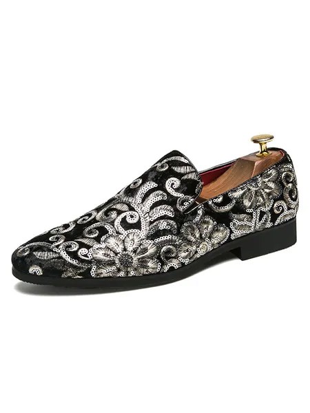 Milanoo Black Dress Shoes Men Round Toe Embroidered Slip On Loafers Party Shoes