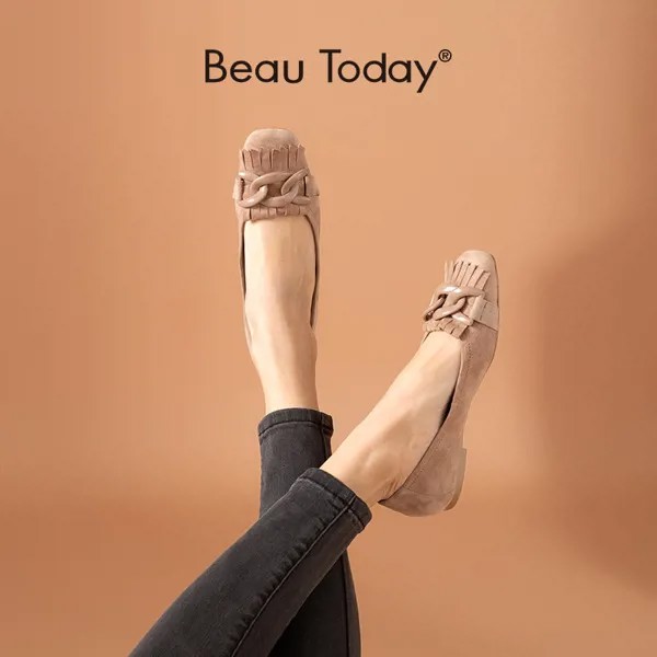 Балетки BeauToday женские замшевые, плоская подошва, квадратный носок, цепочка, бахрома, без застежки, ручная работа, 28064