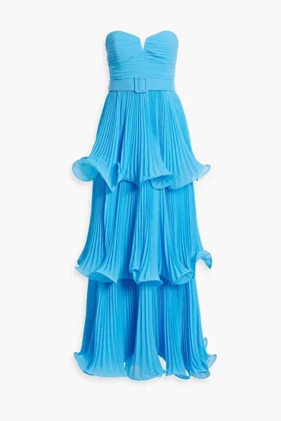 Ярусное платье без бретелек из плиссе-шифона Badgley Mischka, бирюзовый