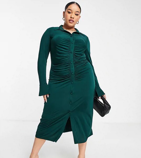 Облегающее темно-зеленое платье-рубашка миди узкого кроя со сборками ASOS DESIGN Curve-Зеленый цвет