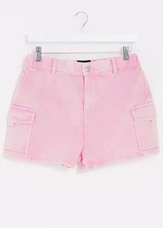 Розовые джинсовые шорты в стиле милитари с эффектом кислотной стирки Brave Soul-Розовый цвет