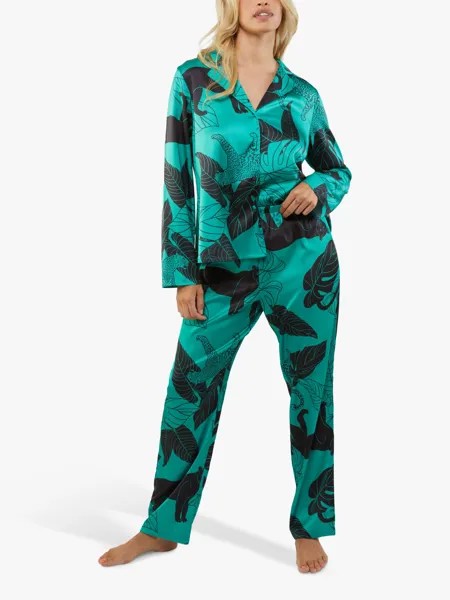 Атласный пижамный комплект с принтом Wolf & Whistle Panther, зеленый