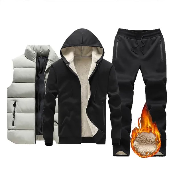 Мужской флисовый спортивный костюм, Толстая Толстовка с капюшоном и штаны, спортивная одежда, комплект из 3 предметов, теплая зимняя одежда ...