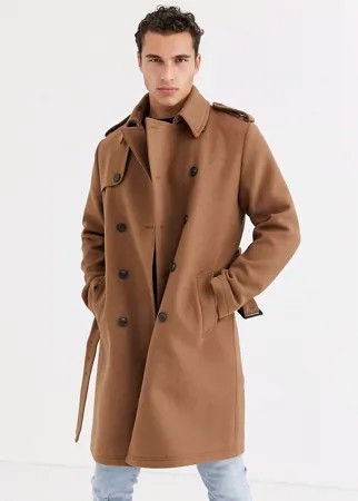 Бежевый двубортный тренч ASOS DESIGN-Коричневый