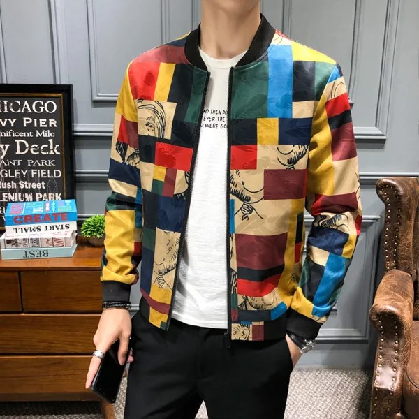 Куртка мужская на молнии, винтажная хлопковая ветровка в стиле пэчворк, в клетку, уличная одежда в стиле хип-хоп, осень-весна