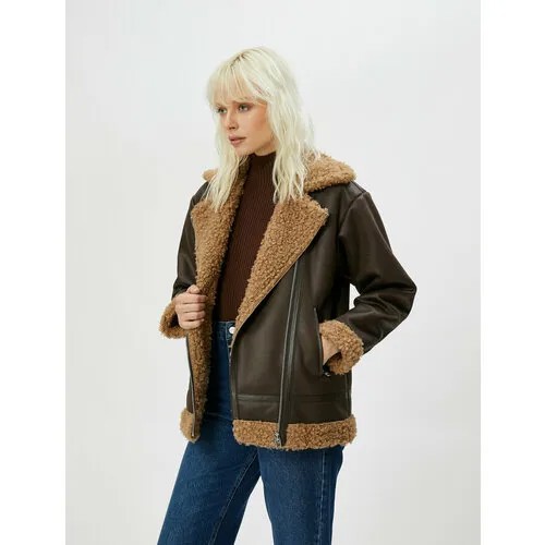 Кожаная куртка KOTON, размер 38, коричневый