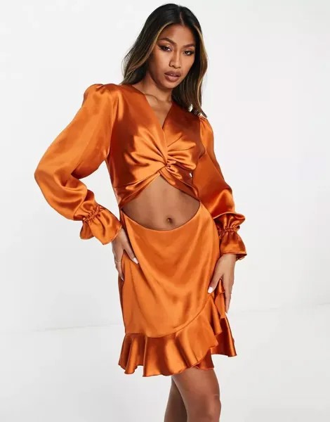 Атласное мини-платье с воланами London огненно-оранжевого цвета, рукавами-фонариками, вырезом и рюшами Flounce London