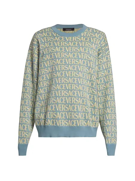 Хлопковый вязаный свитер с логотипом Versace, цвет light blue ivory
