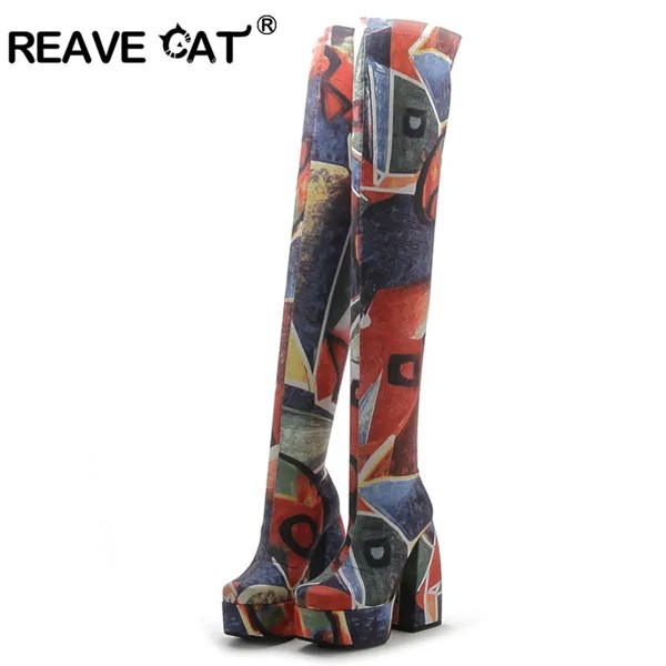 Женские ботфорты на высоком каблуке REAVE CAT, привлекательные разноцветные удобные сапоги на платформе с цветами, A4574