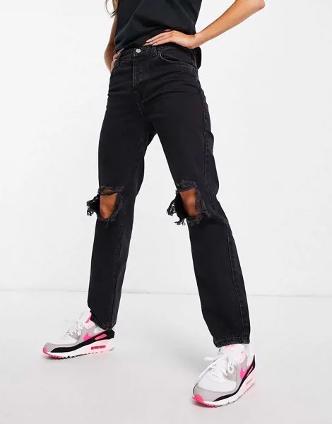 Выбеленные черные джинсы прямого кроя с заниженной талией и рваной отделкой на коленях ASOS DESIGN-Черный цвет