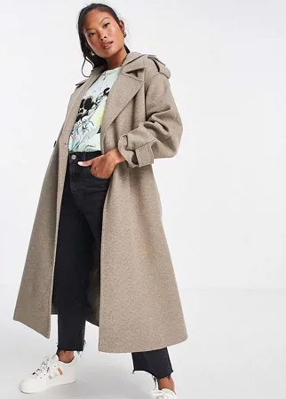 Свободное пальто с поясом с капюшоном серого цвета ASOS DESIGN Petite-Серый
