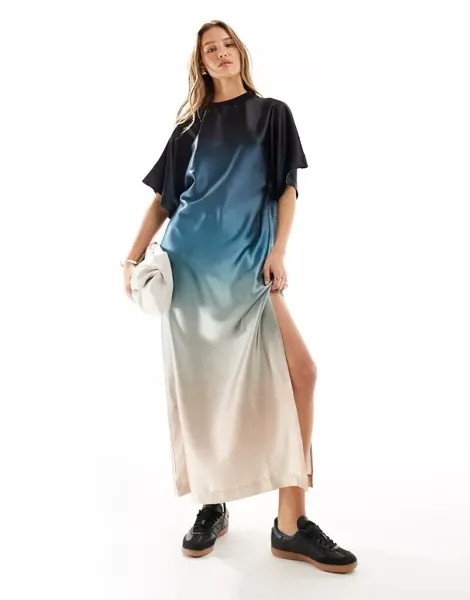 Атласное платье-футболка миди синего цвета с эффектом омбре ASOS