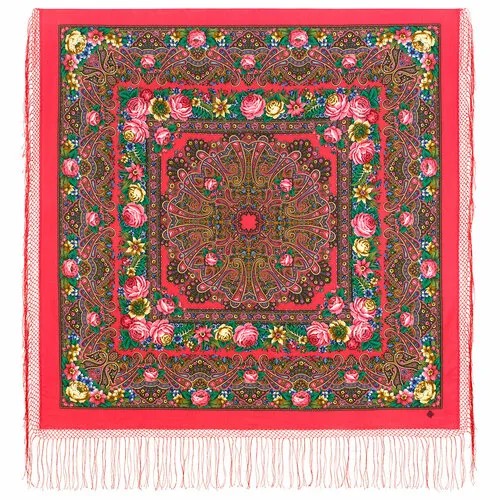 Платок Павловопосадская платочная мануфактура,148х148 см, розовый, коричневый